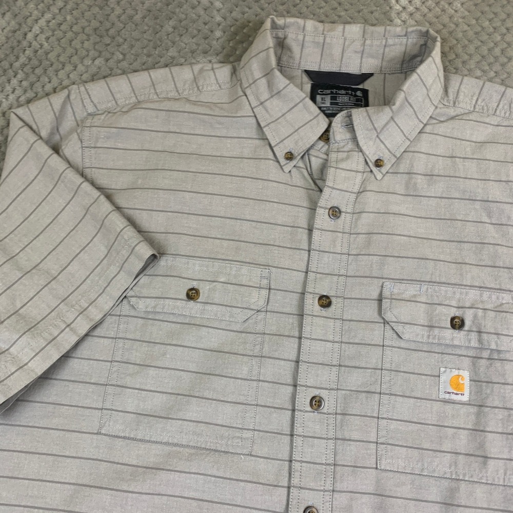Carhartt Mens XL Tall Loose Fit Button Down Shirt Gray‎ Stripe Short Sleeve